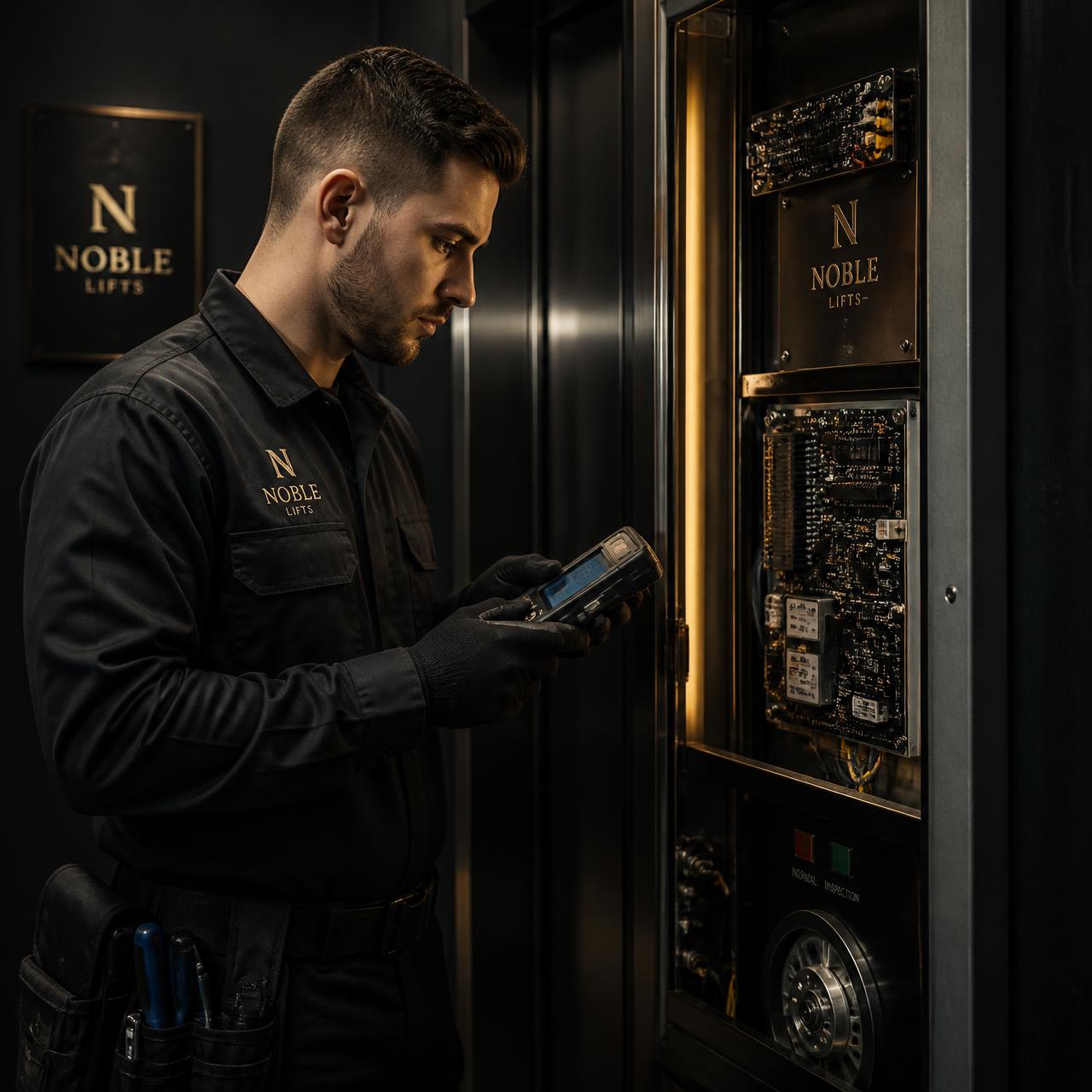 Shransh Lift technician inspecting a lift control panel